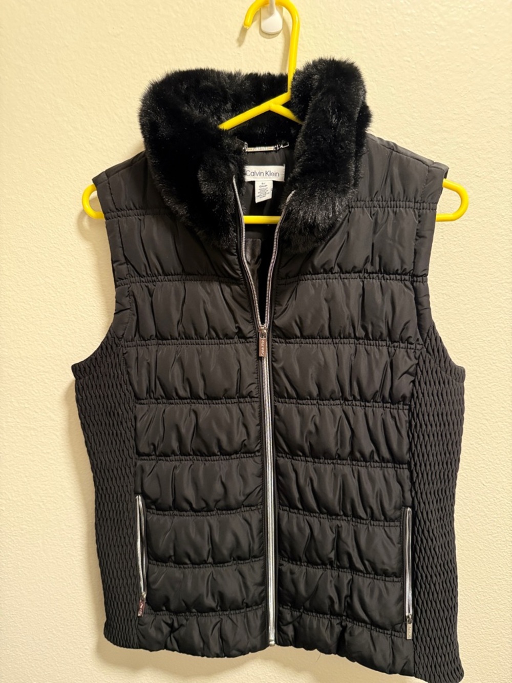 Calvin Klein Black Quilted Vest with Faux-Fur Collar